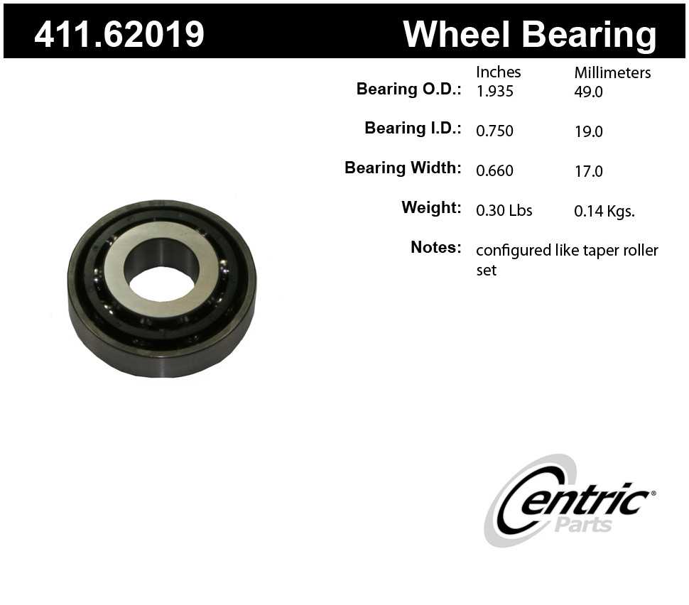 CENTRIC PARTS - Premium Axle Shaft Bearing Assembly - CEC 411.62019